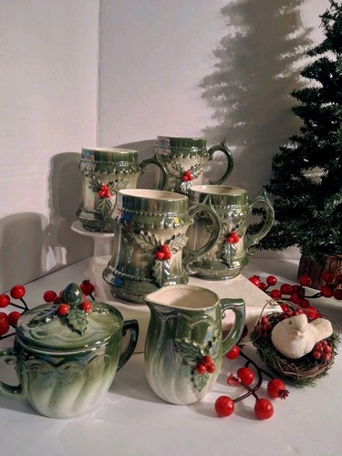 VTG 1960's Norcrest Green IRIDESCENT Lusterware;"Holly & Berries";Mugs Only;Mint