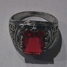 Mens Silver Tone Signet Ring Prong Set Red Sq...