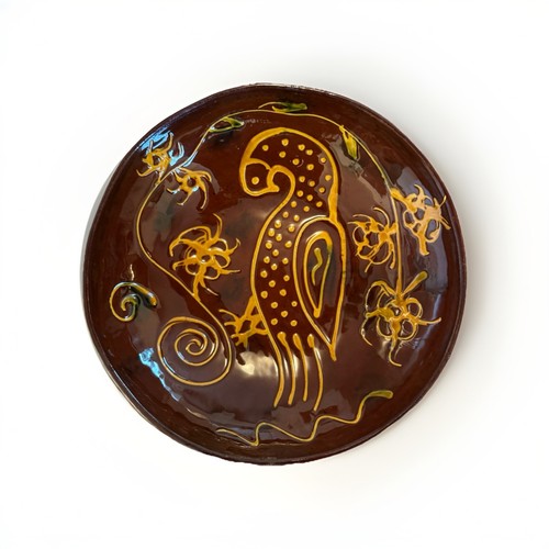 Vintage Ned Foltz Redware 12” Pottery Bowl Bird & Tulip Dish 1991 Signed - 第 1/6 張圖片