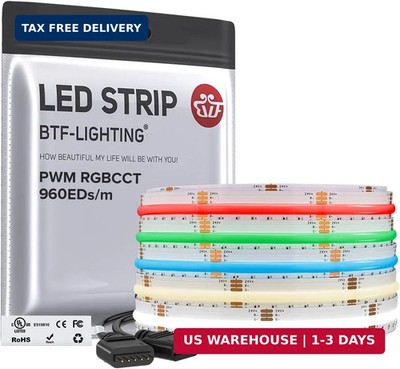 BTF-LIGHTING FCOB COB RGBCCT Color Changing LED Strip,UL Listed 960LED/m High De