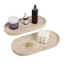2 Pcs Travertine Tray, Oval Stone Tray for Bathroom 12" x 6" Beige Travertine