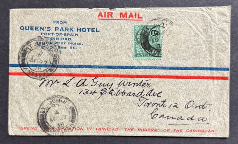 AtoZ. Antigua 1938 Airmail to Canada Trinidad Hotel Corner