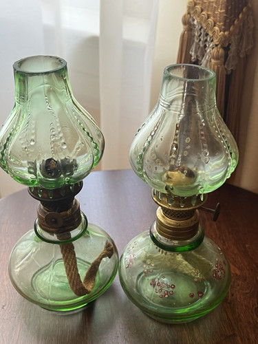 Vintage Green Depression Miniature Oil Lamp Beaded Chimney Set Of 2