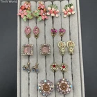Vintage Jewelry Lot 9 Pairs Clip On Screw Back Rhinestone Floral Enamel Costume