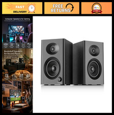 Bluetooth Wooden Stereo Speakers for Desktop PC, 60W Active Bass Sound, RCA/AUX,