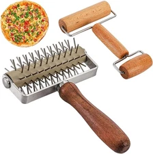 2 PCS Dough Docker Roller Set Stainless Steel Wooden Pizza Pastry Tool