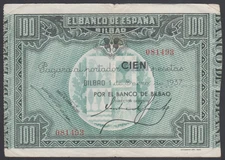 Spain  100  Pesetas  1937  VF  P. S565a,    Banknotes, Circulated