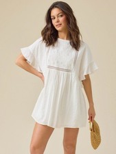Altar’d State Cove White Embroidered Flutter Sleeve Mini Cotton Dress Boho Sz M