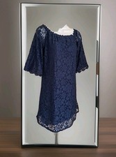 Navy Blue Shift Dress M Lace Overlay 3/4 Sleeves Formal Wedding Special Day NWT 