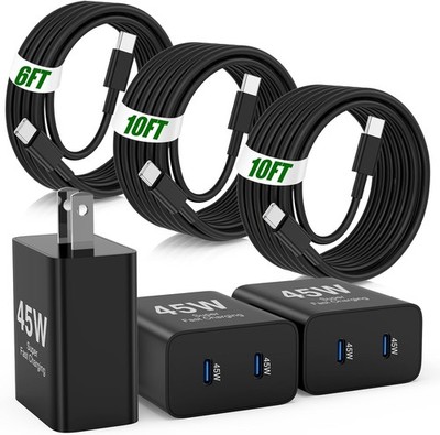 45W Super Fast Type-C Charger Block 3 Pack with 6FT Cable for Samsung S26+