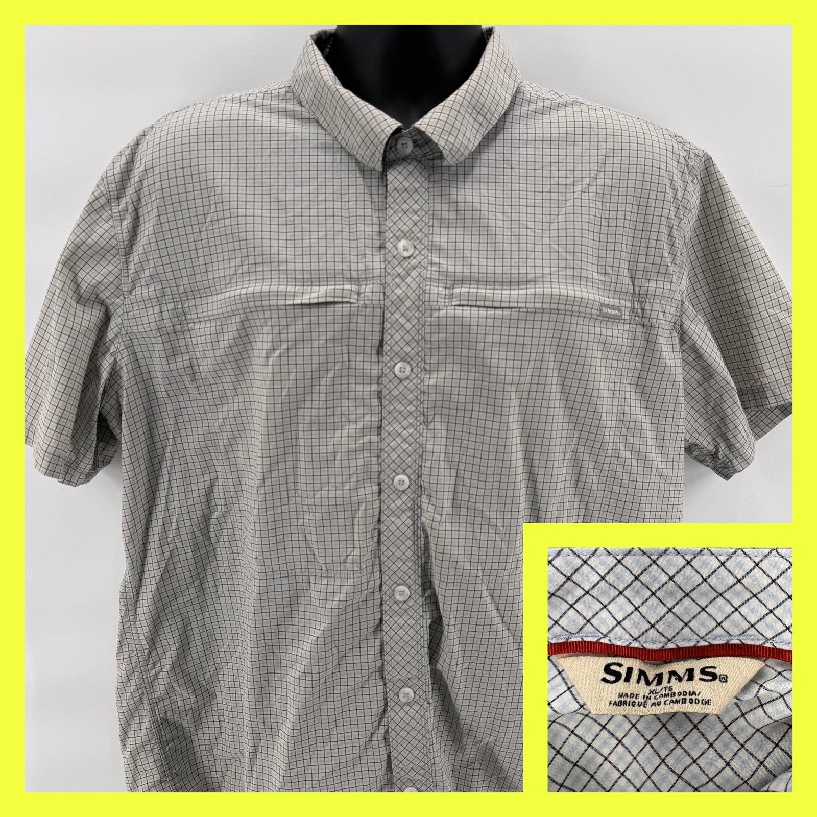 Simms Mens XL Fishing Shirt Short Sleeve Plaid Vented Pockets Quick Dry Hike