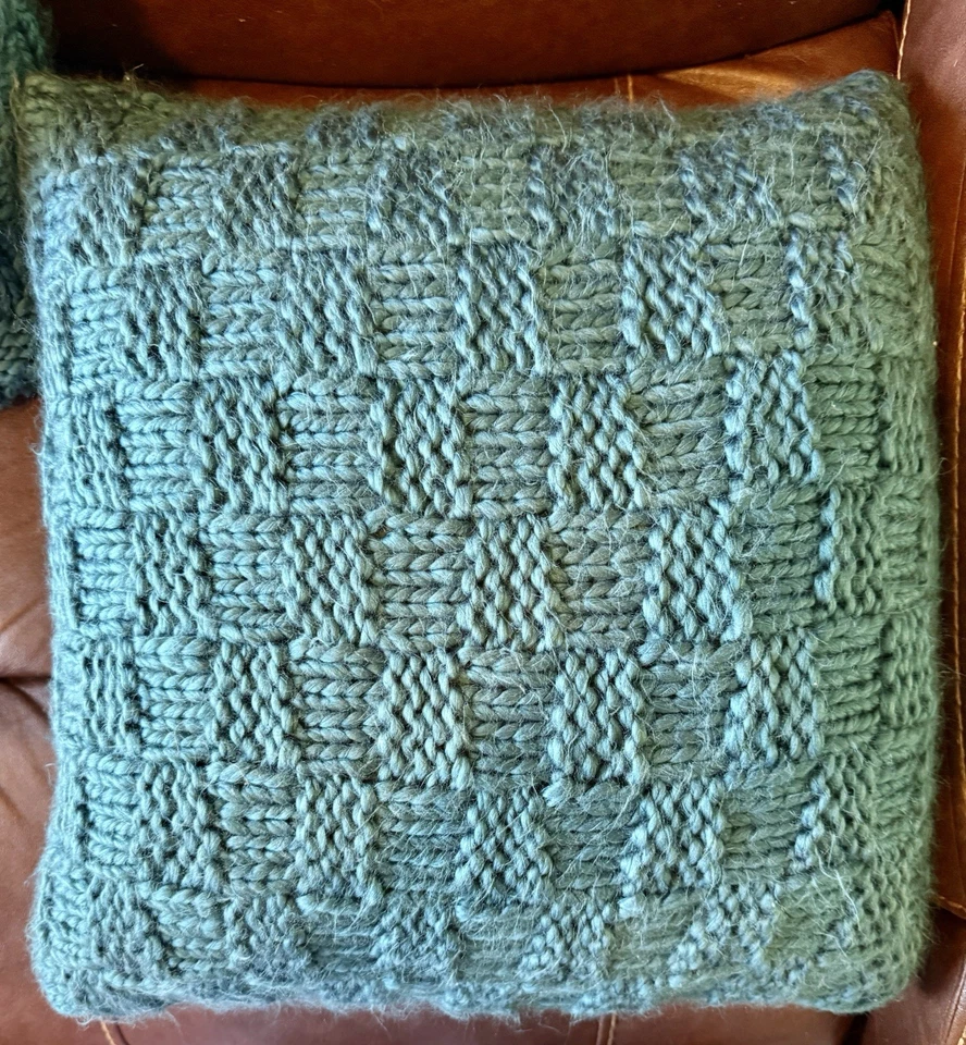 3 Crate & Barrel Bergen Crochet Throw Pillow Covers TealChunky Wool Knit 18x18 - Image 4 of 4