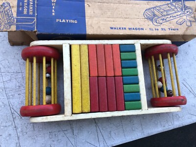 Vintage Playskool Toy Walker Wagon with Color Blocks in Original Box No Handle