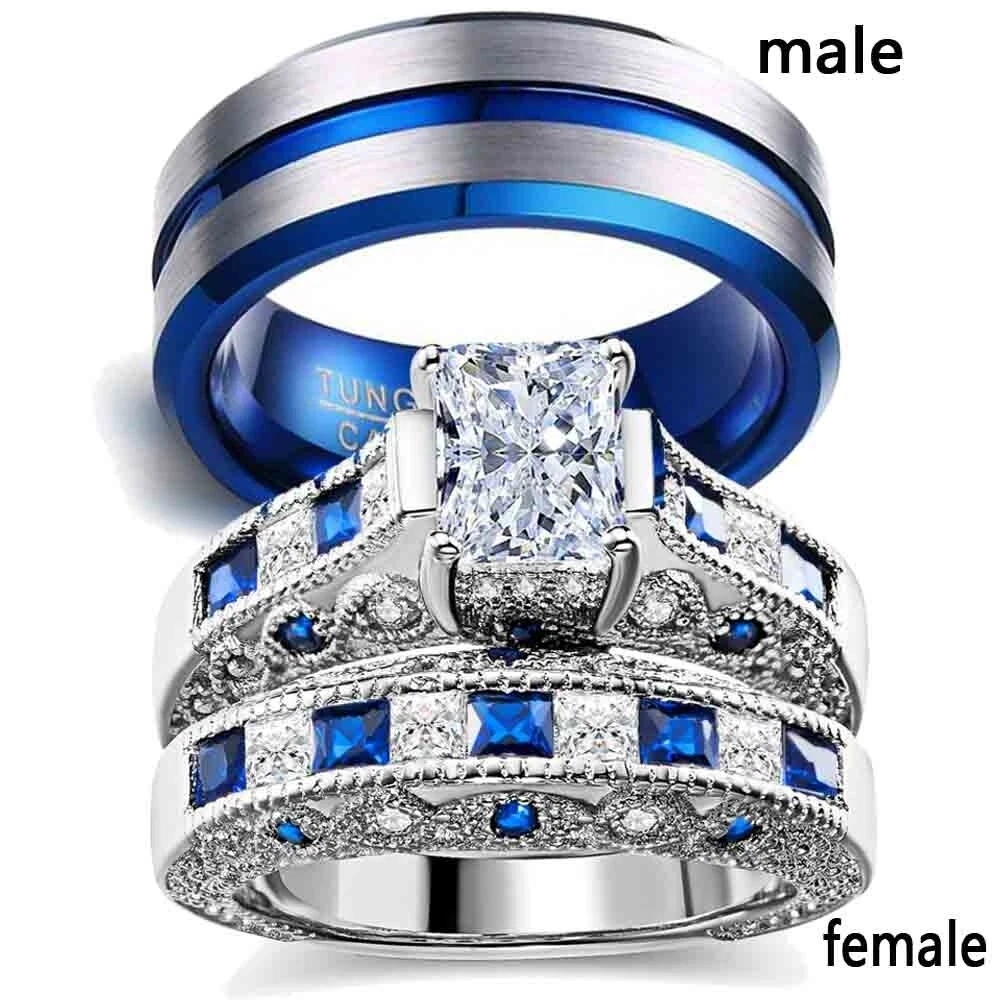 Couple Wedding Rings Blue Sapphire Womens Ring Set & Titanium Steel Mens  Bands | eBay