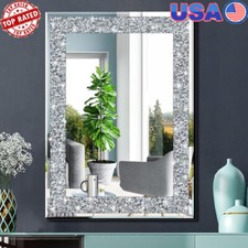 Rectangle Crystal Crush Diamond Silver Wall Mirror Decoration 20x28in Hang Wall