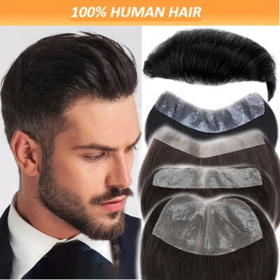 Frontal V-Loop Mens Toupee Remy Human Hair Forehead Hairline Skin PU Replacement