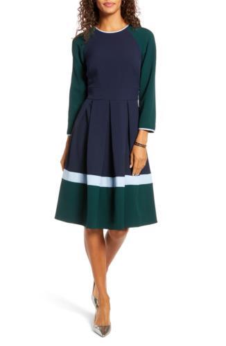1901 Navy Blue Green Color Block Pleated A Line Fit and Flare Dress Size 4  Crepe | eBay