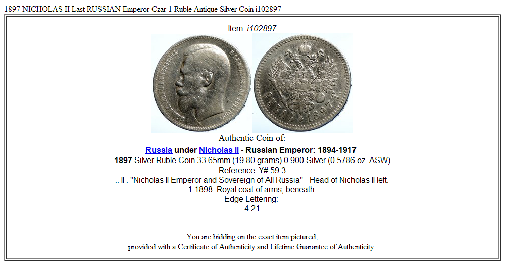 1897 NICHOLAS II Last RUSSIAN Emperor Czar 1 Ruble Antique Silver