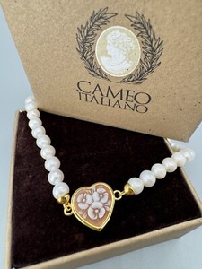 Authentic Cameo Italiano Ballet Necklace 14” Gold Plated 925 Sterling Pearl Engraved Heart