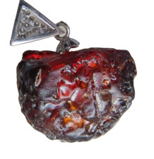 Mexican Red Raw Natural Amber Pendant in 925 Silver CZ