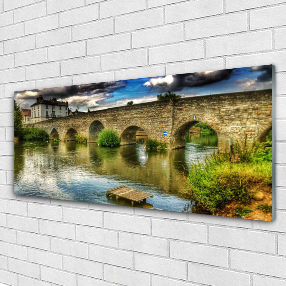 Tableau sur verre panoramique Pont Lac 125x50 cm pour créer un salon zen et moderne