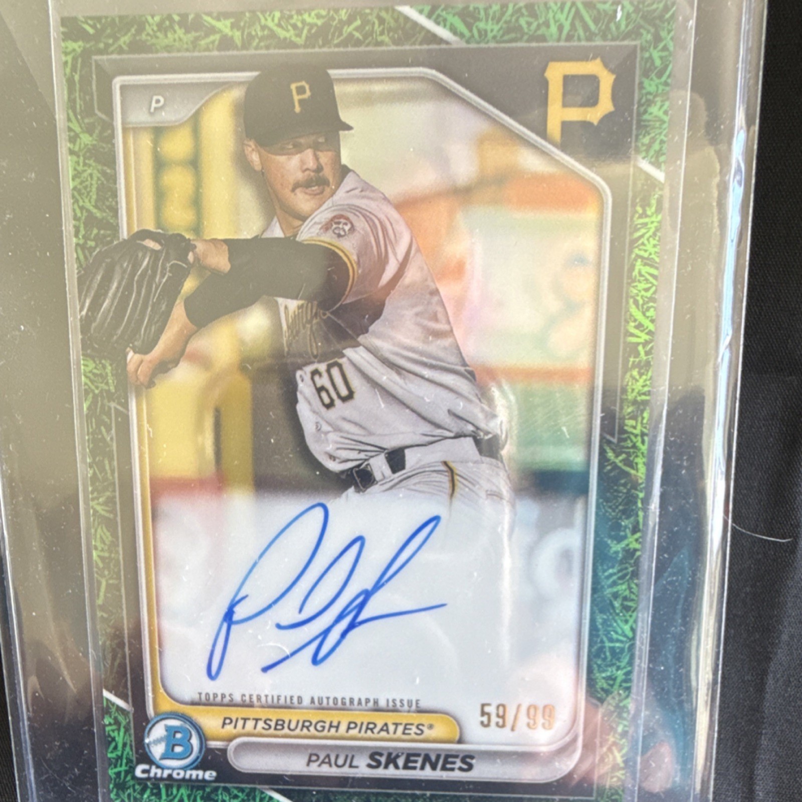 PAUL SKENES 2024 BOWMAN CHROME GREEN GRASS REFRACTOR AUTO /99 PIRATES CPA-PS
