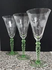 3 Vintage Weston Uranium Depression Green Twisted Stem Etched Glass Gablets