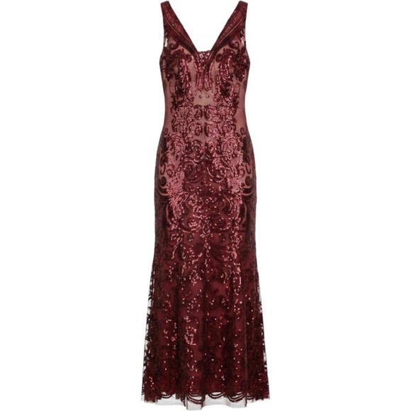 Burgundy Sequin Damask Prom Gown V-Neck Lace Up Back Mermaid Formal Dress