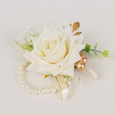 WHITE 2 SILK ROSES 4" Wrist Corsages with Pearls Wedding Flowers Party Bouquets
