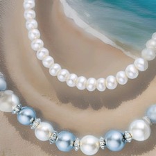 Pearls Cream  Blue Jewelry Set Necklace, Earrings  Comfy Bracelet Perfect Gift