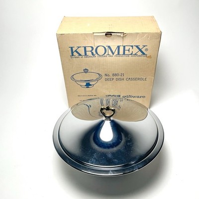 Vintage Kromex Chrome Covered Deep-Dish Casserole Set 2 Qt Pyrex NIB