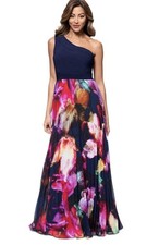 XSCAPE One-Shoulder Mixed-Media Chiffon Gown Women's 8 Navy/Fuchsia Back Zip