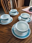 Vintage Flat cup & Saucer Set by Pyrex, Autum Bands Turquoise w/ Laurel Vine