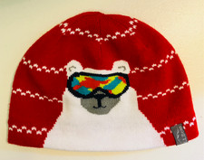 LL Bean Kids Winter Beanie Knit Hat- Red w/ Polar Bear design-blue fleece inside