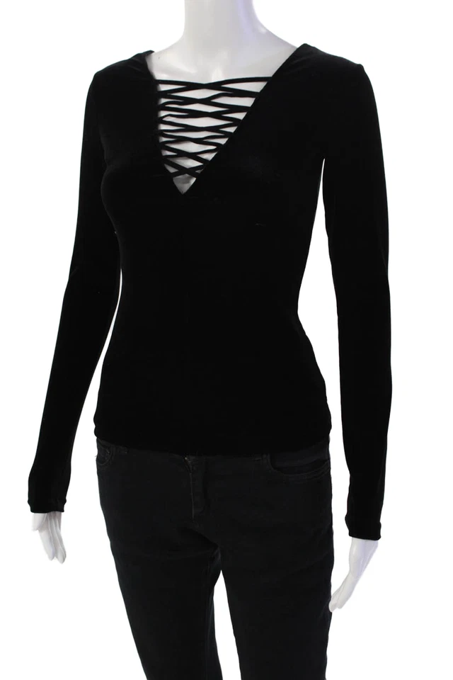 Bailey 44 Womens Velvet Lace Up Long Sleeve Pullover Blouse Top Black Size XS - Image 2 of 4