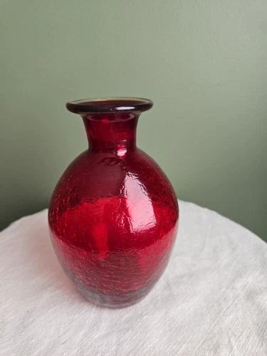 Small 6.5" Blenko Red Crackle Glass Vase
