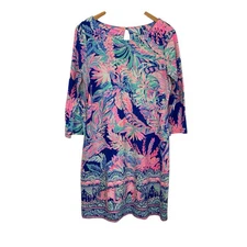 Lilly Pulitzer Womens Bay Sunset Safari Shift Dress Sz Lg 3/4 Sleeve Palm