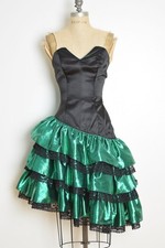 vintage 80s prom party dress green metallic lam  black satin strapless chacha XS