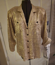 Vintage 80s Gold Lame Button Down Long Sleeve Blouse Holidays Size M/L 12