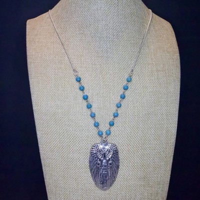Plunder  Silver Tone Angel Wing Pendant Necklace Blue Round Beads Snake 35 