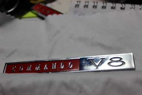 NOS 1966 1967 Plymouth Barracuda "Commando V-8" fender emblem. P/N 2579613