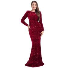 Velvet Sequin Formal Party Dress Long Sleeve O Neck Evening Night Gown Red Large