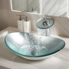 FA Oval Bathroom Silver Glass Vessel Sink Above Counter Basin Bowl Combo Tap Set