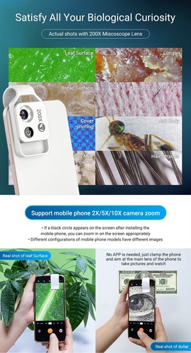 200X Phone Mini Pocket Microscope with LED Light/Universal Clip, Nano Zoom Porta - Picture 9 of 17