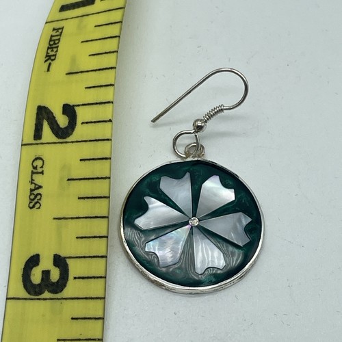 VTG Alpaca Mexico Silver Green Mother of Pearl Floral Inlay Earrings S08 - Picture 8 of 10