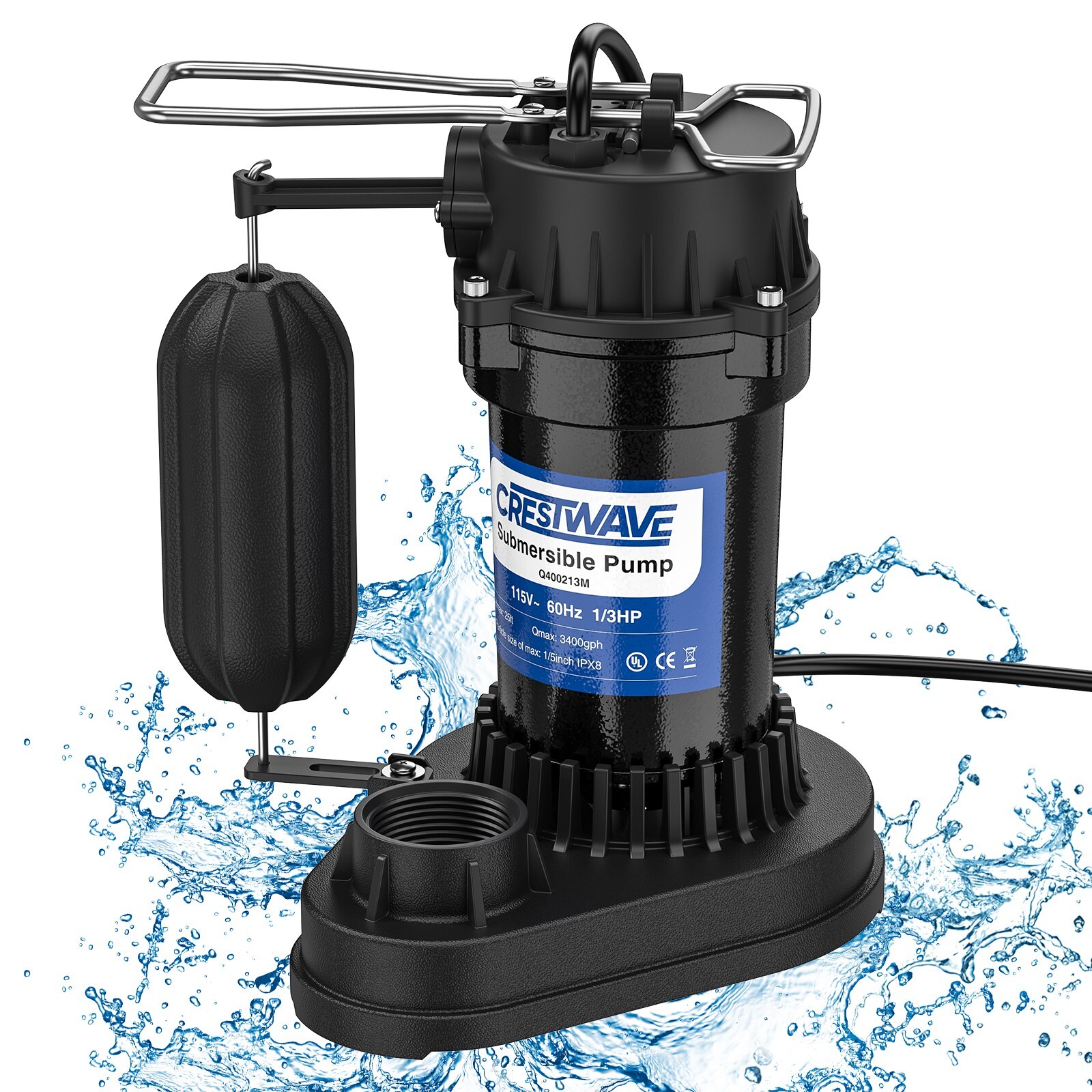 1/3 HP 3400 GPH Aluminum Submersible Sump Pump for Pool Drainage
