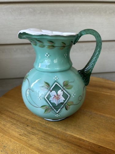 Vintage Fenton 75th White Flowers Green Hand Painted Glass Pitcher 6.5" Signed