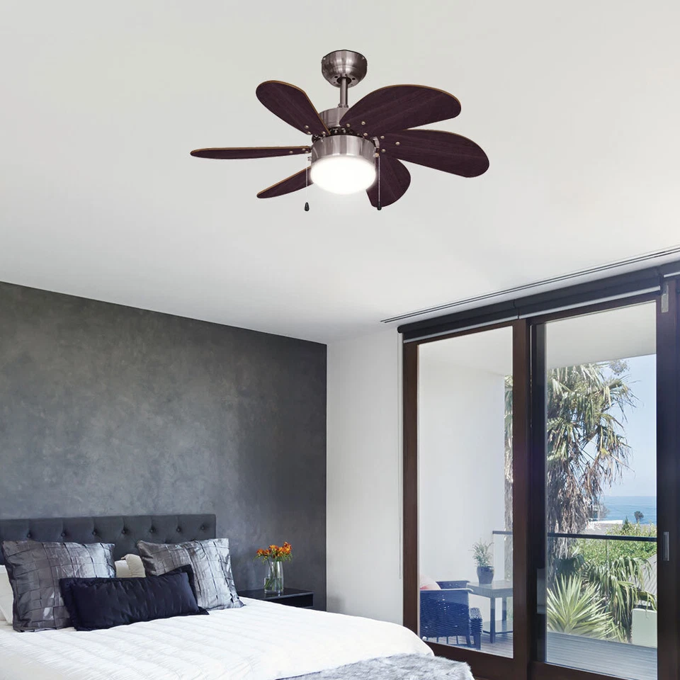 Ventilatore da Soffitto Lampada Legno Argento Vor-Rücklauf Interruttore Tirare - Immagine 3 di 4