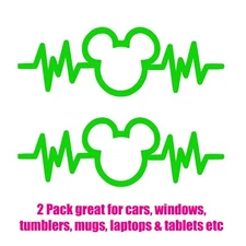 Two Pack Mickey Heartbeat Green Vinyl Graphic Decals Car Window Laptop Notebook