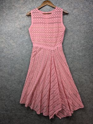 Escada Dress Womens Small Pink Asymmetric Eyelet Midi Fit & Flare Italy Made
